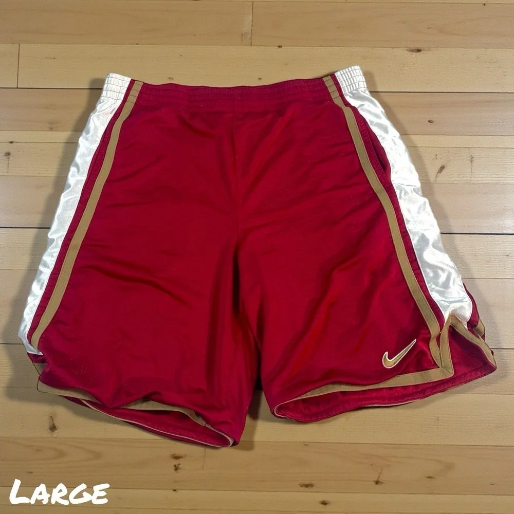 VTG Nike Men Activewear Shorts LARGE Red‎ White Gold Basketball Mesh Logo Y2K